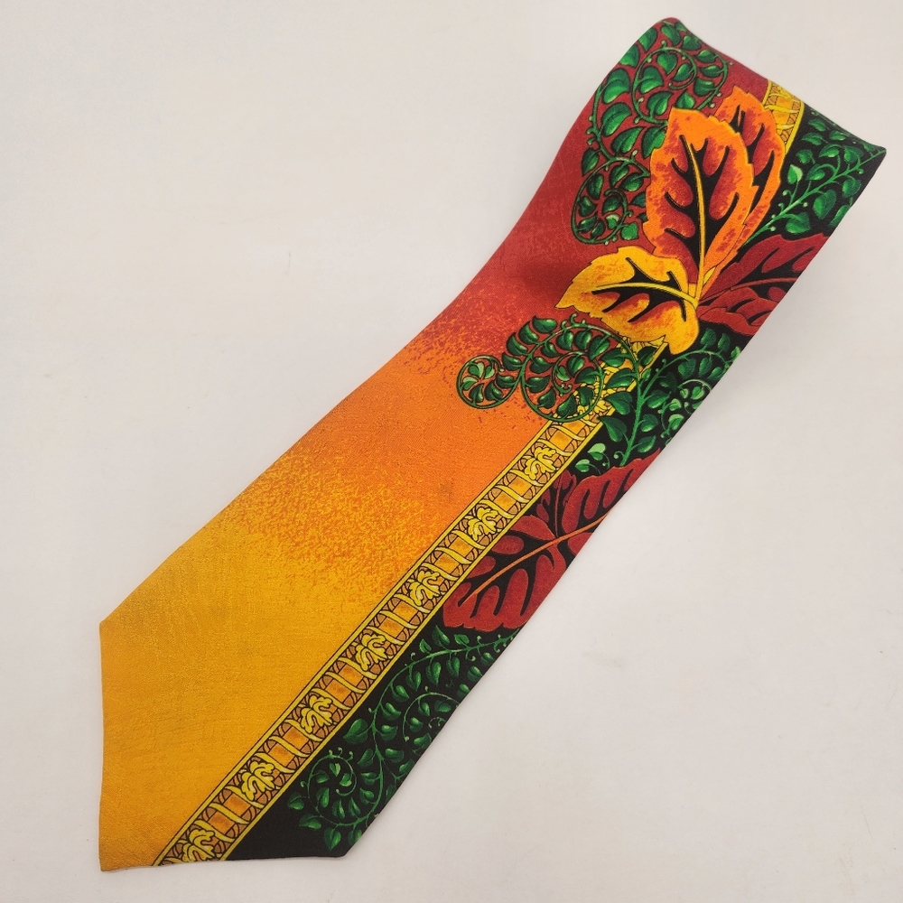 Vintage 90s Rush Limbaugh Necktie Orange Green 100% Silk Tie Tropical Leaf